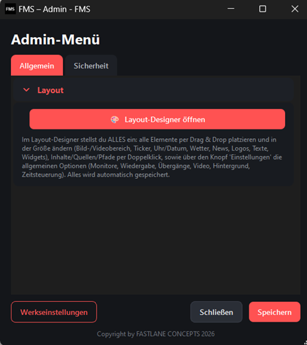 FMS Signage Pro – übersichtliches Admin-Menü als Einstieg in den Layout-Designer