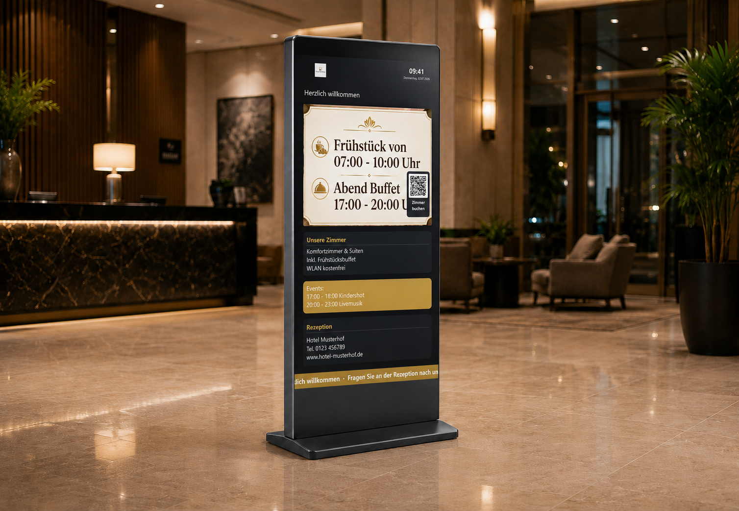 FMS Signage Pro – digitale Stele in der Hotel-Lobby (Hochformat)