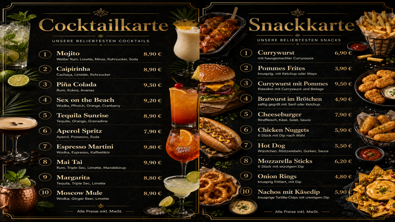FMS Signage Pro – digitale Restaurantkarte im Split-Screen-Layout