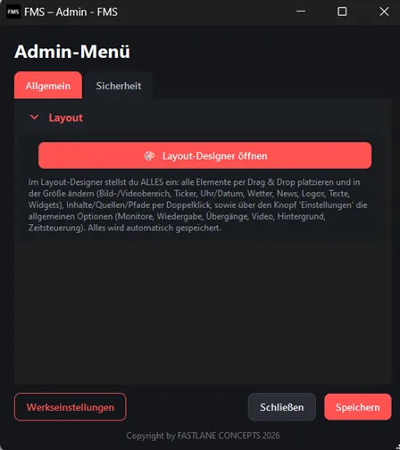 FMS Signage Pro – übersichtliches Admin-Menü als Einstieg in den Layout-Designer