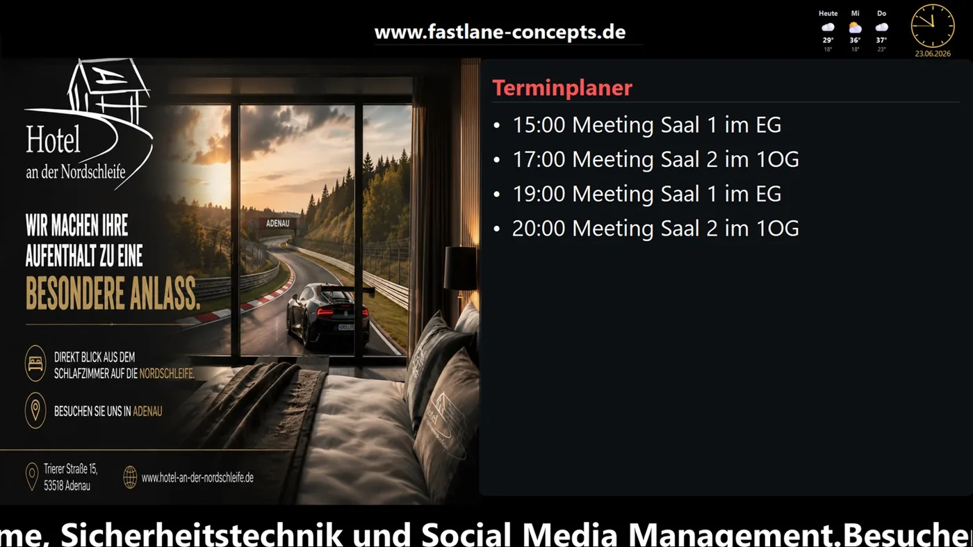 FMS Signage Pro – geteilte Bildschirmansicht (Split-Screen) mit mehreren Inhalten
