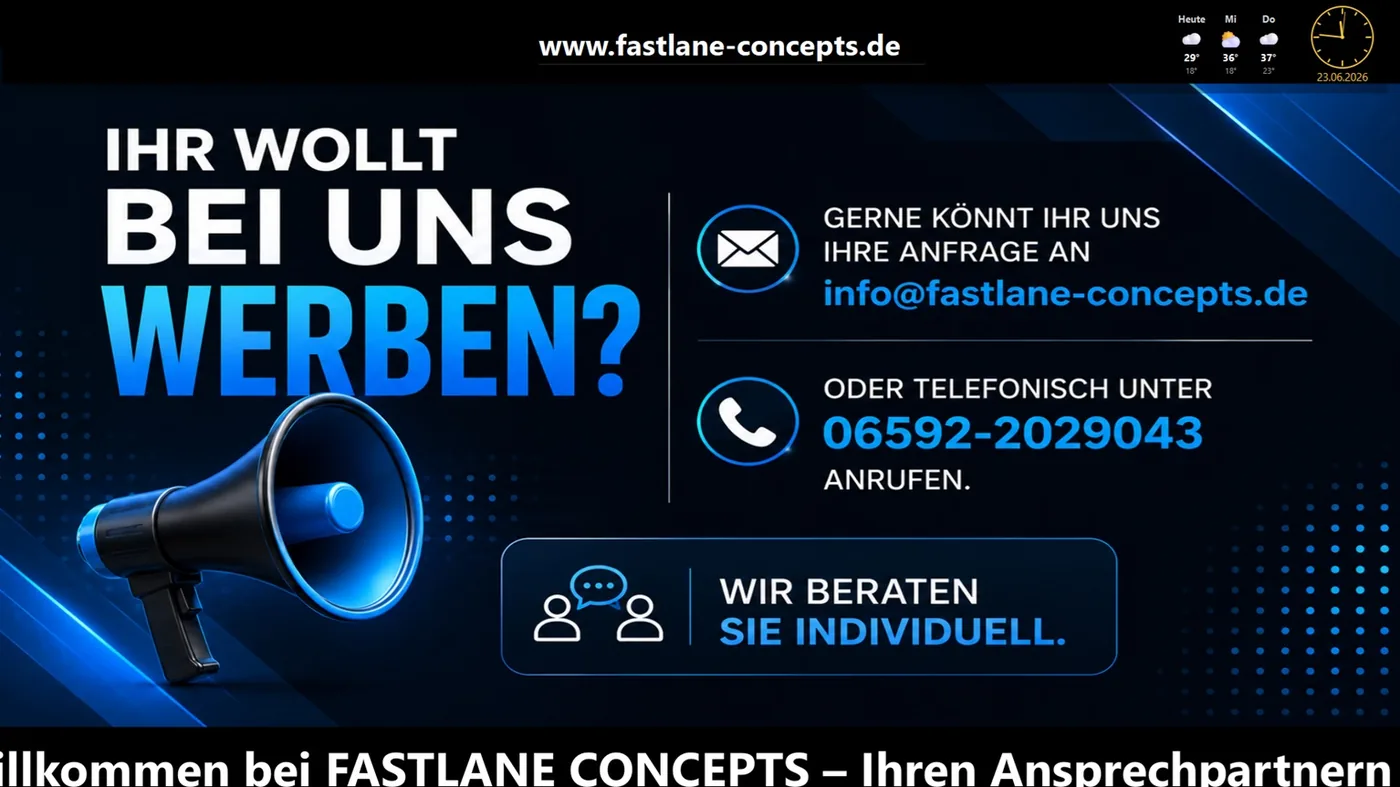 FMS Signage Pro – Beispielanzeige im Vollbild mit Werbefläche und Lauftext