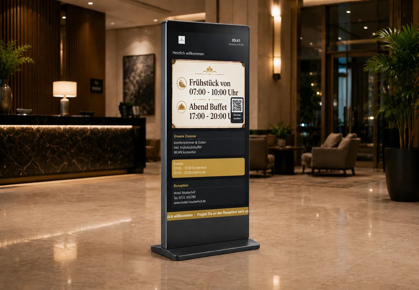 FMS Signage Pro – digitale Stele in der Hotel-Lobby (Hochformat)