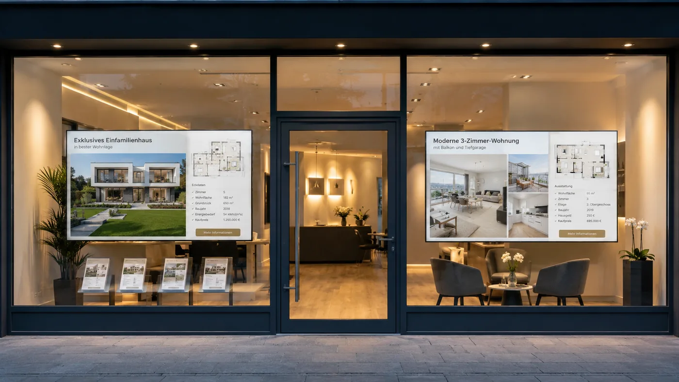 FMS Signage Pro – Immobilienbüro mit digitaler Schaufenster-Präsentation