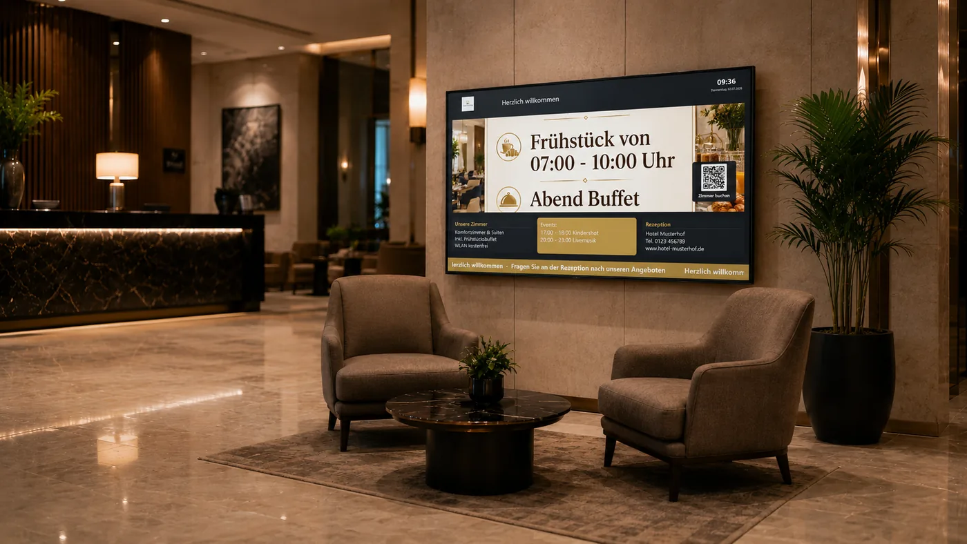 FMS Signage Pro – Wandbildschirm in der Hotel-Lobby (Querformat)