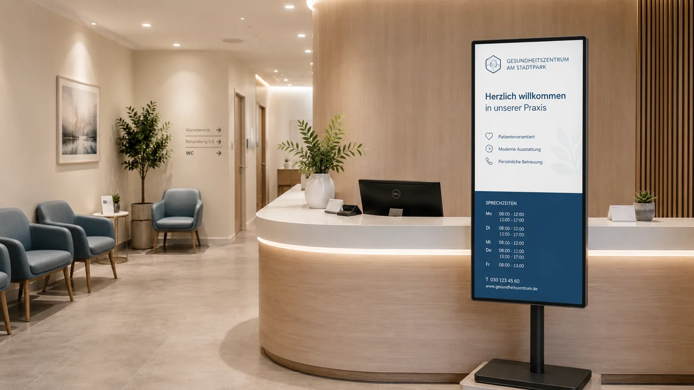 FMS Signage Pro – digitale Stele am Empfang einer Arztpraxis (Hochformat)