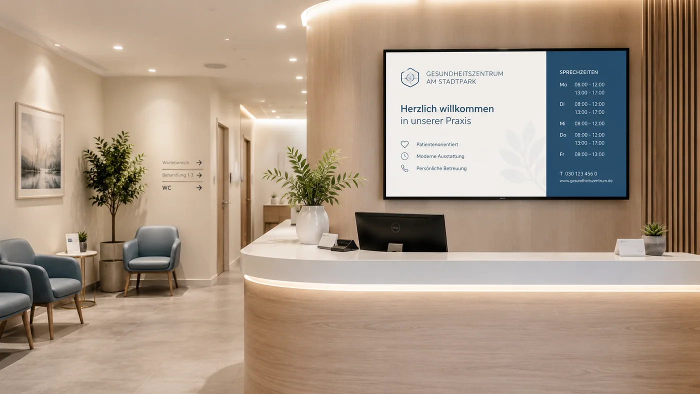 FMS Signage Pro – Empfangsbildschirm in einer Arztpraxis (Querformat)