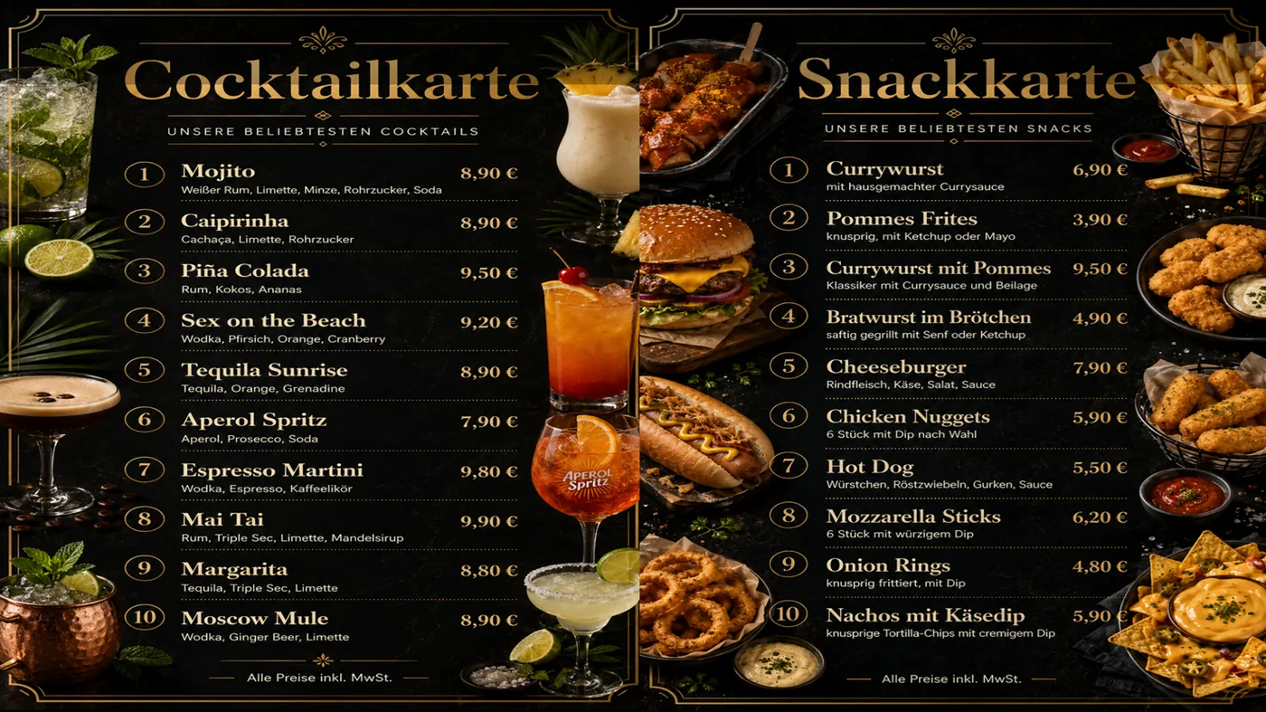 FMS Signage Pro – digitale Restaurantkarte im Split-Screen-Layout